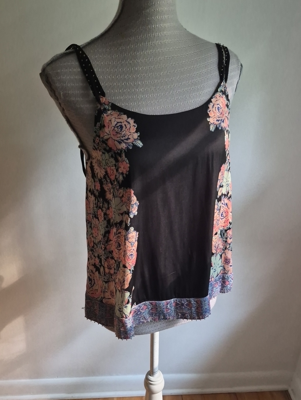 Black Floral Border Spaghetti-Strap Camisole